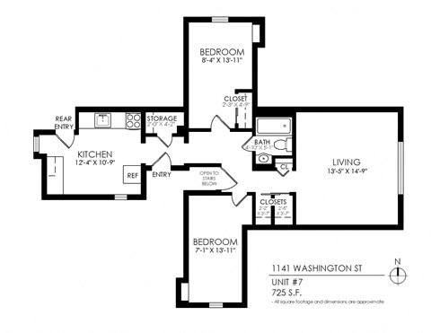 Floor plan for 2 beds, 1 bath, 725 sqft
